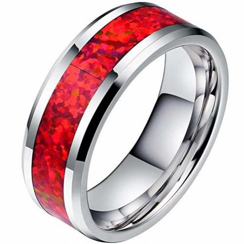 Women's Or Men's Red Opal Inlay Tungsten carbide Matching Rings Silver Tone Couple Wedding Bands Carbon Fiber