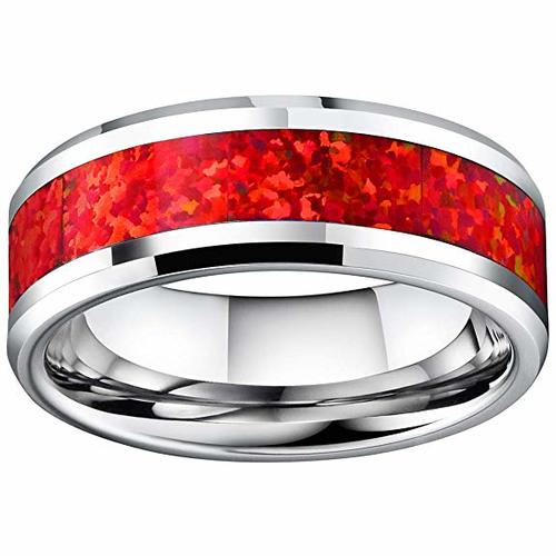 Women's Or Men's Red Opal Inlay Tungsten carbide Matching Rings Silver Tone Couple Wedding Bands Carbon Fiber