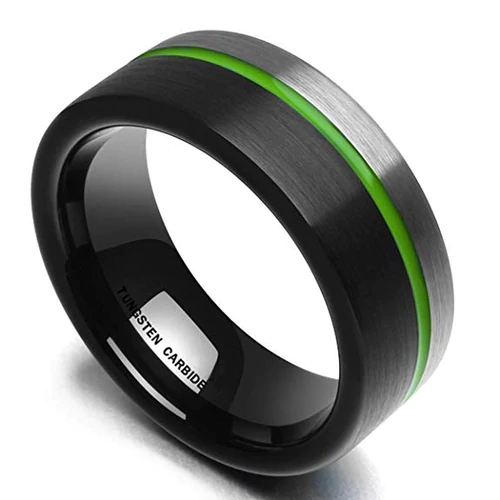 Mens Womens Engagement Tungsten carbide Rings Green Plated Grooved Black and Silver Brushed Wedding Bands Carbon Fiber