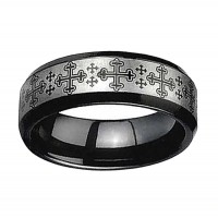 Women's Or Men's Tungsten Carbide Wedding Band Rings,Black with Laser Etched Medieval Crosses and Beveled Edge