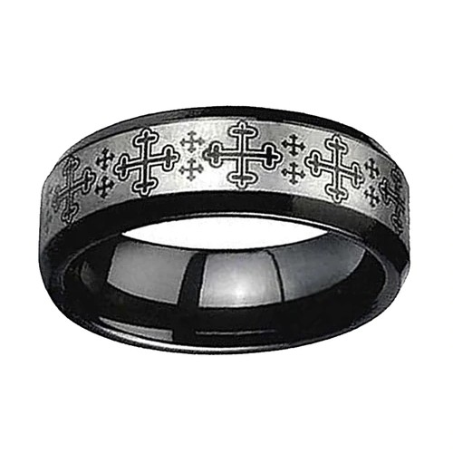 Women's Or Men's Tungsten Carbide Wedding Band Rings,Black with Laser Etched Medieval Crosses and Beveled Edge