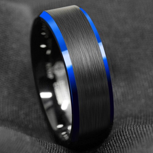  Women's Or Men's Tungsten carbide Matching Ring Couple Wedding Bands Carbon Fiber Blue Edge Ring with Black Matte Finish Top
