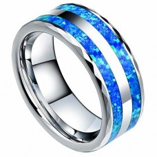 6MM 8MM Mens Womens Double Blue Opal Inlay Tungsten Carbide Ring Couple Wedding Bands Silver Tone Faceted Edge