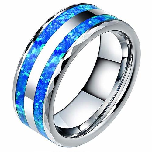 6MM 8MM Mens Womens Double Blue Opal Inlay Tungsten Carbide Ring Couple Wedding Bands Silver Tone Faceted Edge