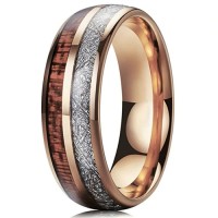  Women's or Men's Tungsten Carbide Wedding Band Matching Rings,Rose Gold Tungsten Carbide Band with Wood Inlay