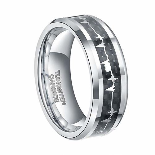 Women's or Men's Silver Tungsten Carbide Rings EKG Heartbeat Wedding Bands Carbon Fiber Couple