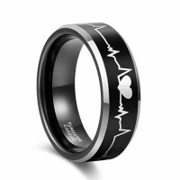 Mens Womens Tungsten Carbide Rings EKG Heartbeat Black Couples Wedding Bands Silver tone edges. Laser Etched Heart 