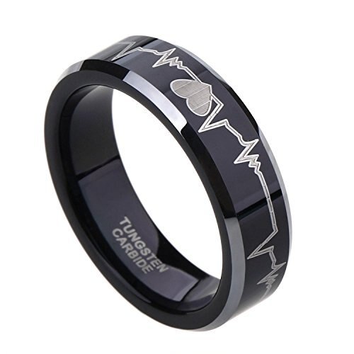 Mens Womens Tungsten Carbide Rings EKG Heartbeat Black Couples Wedding Bands Silver tone edges. Laser Etched Heart 