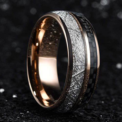 Women's or Men's Tungsten Matching Rings,Rose Gold Tungsten Carbide Bands with Black Carbon Fiber Inlay and Inspired Meteorite