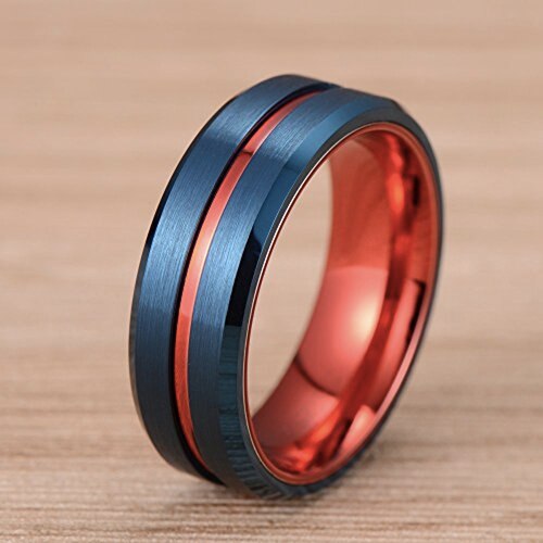 Women's Or Men's Tungsten carbide Matching Rings Wedding Bands Carbon Fiber Blue Band with Red Line Groove