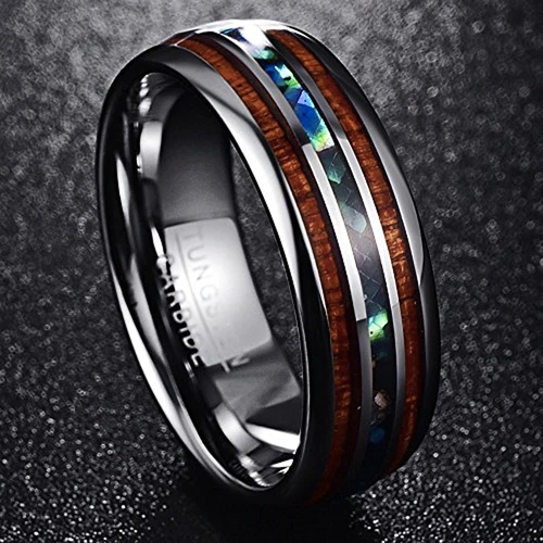 Women's Or Men's Engagement Tungsten Carbide Matching Rings,Silver Tone Wood and Rainbow Abalone Shell Inlay Wedding Bands