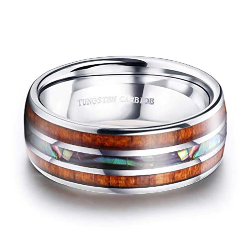 Women's Or Men's Engagement Tungsten Carbide Matching Rings,Silver Tone Wood and Rainbow Abalone Shell Inlay Wedding Bands