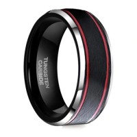 Women's Or Men's Tungsten Carbide Ring Wedding Band Matching Rings,Black Matte Top with Two Red Stripes and Beveled Edges Band