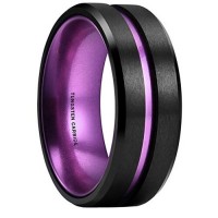 Mens Womens Tungsten carbide Matching Rings Black and Purple Groove,Matte Finish with Beveled Edges Couple Wedding Bands