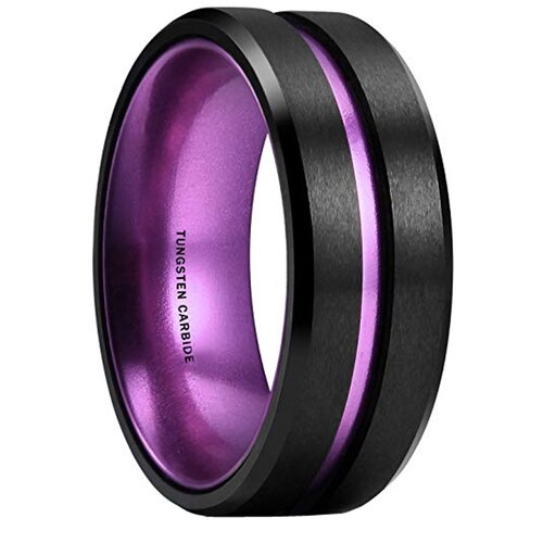 Mens Womens Tungsten carbide Matching Rings Black and Purple Groove,Matte Finish with Beveled Edges Couple Wedding Bands