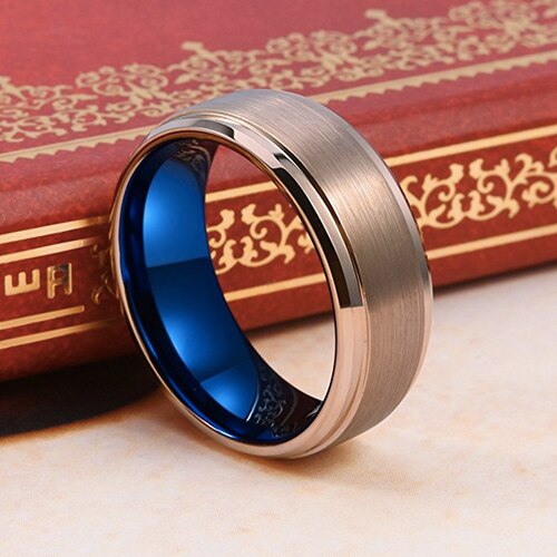 Mens Womens Rose Gold with Inner Blue Tungsten carbide Matching Rings Couple Wedding Bands Carbon Fiber High Polish Sides
