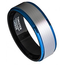 Women's Or Men's Black and Silver Tungsten Carbide Rings Unisex Rings Wedding Bands With Blue Rim Stepped Edges