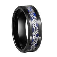 Women's Or Men's Tungsten Carbide Ring Wedding Band Matching Rings,Black Ring With Silver Dragon Over Blue Carbon Fiber Inlay 
