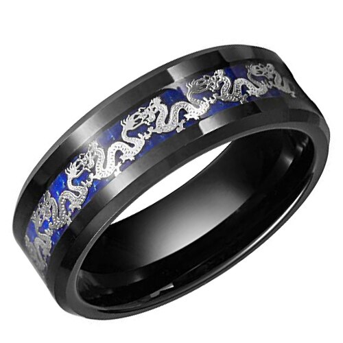 Women's Or Men's Tungsten Carbide Ring Wedding Band Matching Rings,Black Ring With Silver Dragon Over Blue Carbon Fiber Inlay 