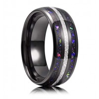 Women's Or Men's Tungsten Carbide Matching Rings,Black Tone Meteorite with Multi Color Rainbow Opal Inlay