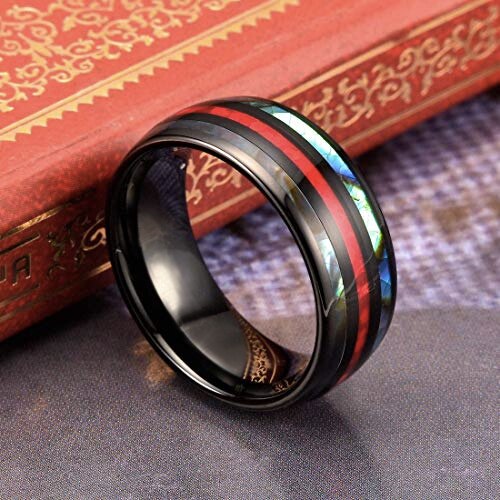Women's Or Men's Tungsten Carbide Ring Matching Rings,Black Tone Multi Color Inspired Red Opal and Rainbow Abalone Shell Inlay