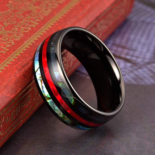 Women's Or Men's Tungsten Carbide Ring Matching Rings,Black Tone Multi Color Inspired Red Opal and Rainbow Abalone Shell Inlay