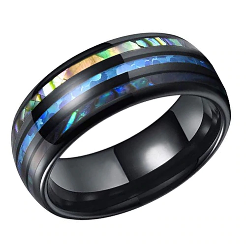Women's Or Men's Tungsten Carbide Matching Rings,Black Tone Multi Color Inspired Blue Opal and Rainbow Abalone Shell Inlay