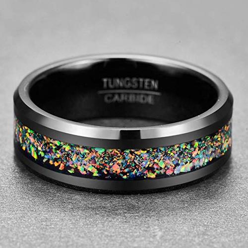Women's Or Men's Tungsten carbide Wedding Bands Matching Rings,Black and Multiple Color Rainbow Opal Carbon Fiber