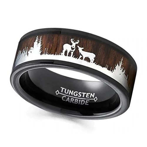 Mens Womens Black Hunting Tungsten carbide Matching Rings Crossing Wedding Bands with Deer Silhouette