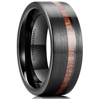 Women's Or Men's Tungsten carbide Matching Rings Couple Wedding Bands Carbon Fiber Black with Koa Wood Slice Inlay,Flat Edged