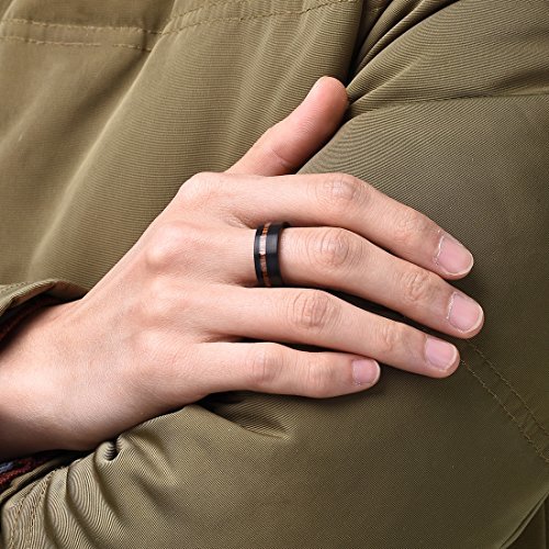 Women's Or Men's Tungsten carbide Matching Rings Couple Wedding Bands Carbon Fiber Black with Koa Wood Slice Inlay,Flat Edged