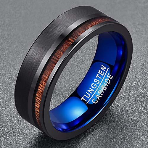 Women's Or Men's Tungsten Carbide Rings,Black and Blue Band with Koa Wood Slice Inlay,Flat Edged Wedding Bands Carbon Fiber