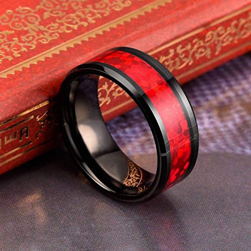 Black Carbide Matching Silver Tone Inspired Red Opal Inlay Wedding Bands Carbon Fiber | Tungsten Rings