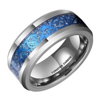 Tungsten Carbide Rings Couple Wedding Bands Carbon Fiber Womens or Mens Silver and Sky Blue Resin Inlay