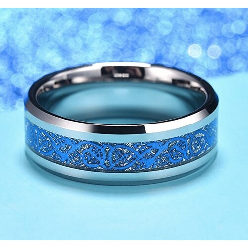 Tungsten Carbide Rings Couple Wedding Bands Carbon Fiber Womens or Mens Silver and Sky Blue Resin Inlay