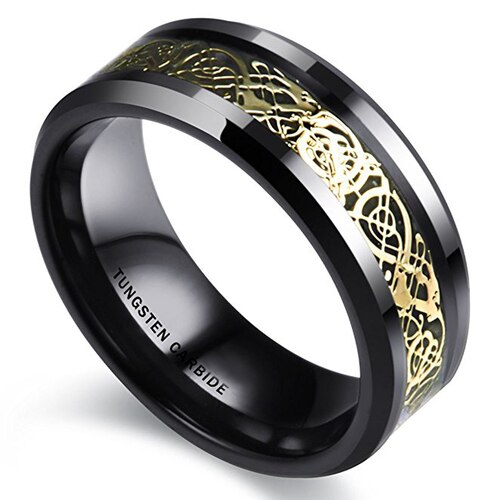 Tungsten Carbide Rings for Mens Womens Black with Green Celtic Dragon Knot Wedding Bands Carbon Fiber 