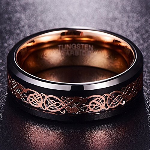 Tungsten carbide Matching Rings Women's or Men's Black with Rose Gold Tungsten Celtic Dragon Couple Wedding Bands Carbon Fiber