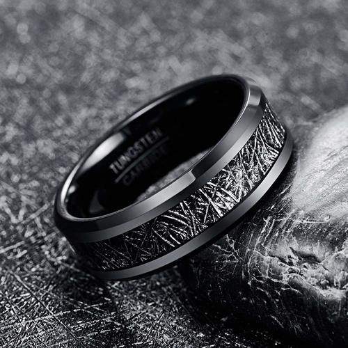 Women's Or Men's Tungsten Carbide Wedding Band Matching Rings Carbon Fiber,Black Band with Inspired Meteorite Dark Branches