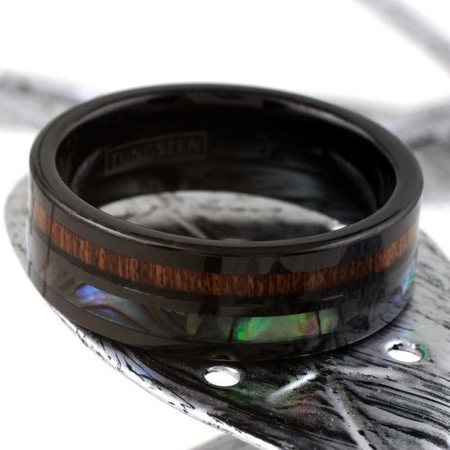 Mens Womens Tungsten carbide Rings Black Bands - Rainbow Abalone Shell & Wood Inlay Carbon Fiber Wedding Bands