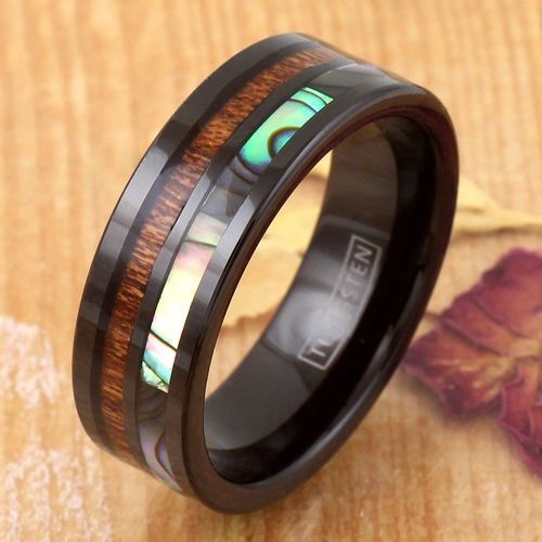 Mens Womens Tungsten carbide Rings Black Bands - Rainbow Abalone Shell & Wood Inlay Carbon Fiber Wedding Bands
