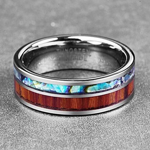 Women's Or Men's Couple Wedding Bands Carbon Fiber Rainbow Abalone Shell & Wood Inlay.Flat Edged Tungsten Carbide Rings