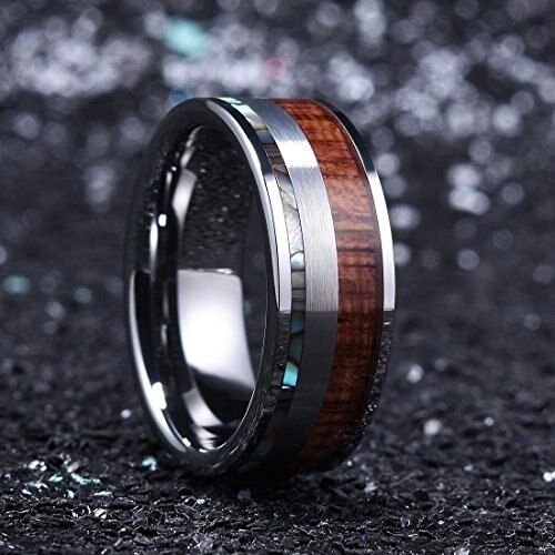 Women's Or Men's Couple Wedding Bands Carbon Fiber Rainbow Abalone Shell & Wood Inlay.Flat Edged Tungsten Carbide Rings